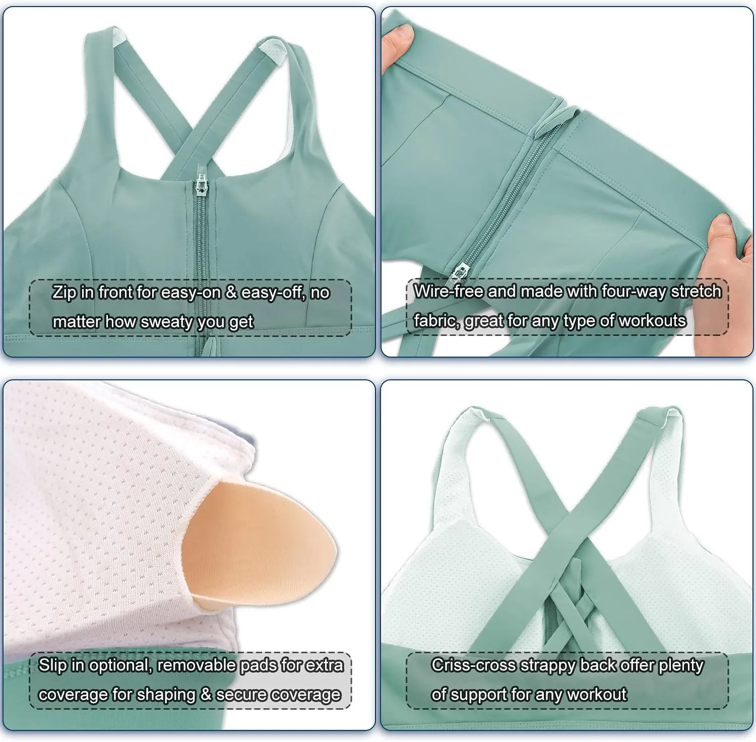 Cordaw Zipper in Front Sports Bra High Impact Strappy Back Support Workout Top