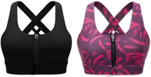 Cordaw Zipper in Front Sports Bra High Impact Strappy Back Support Workout Top