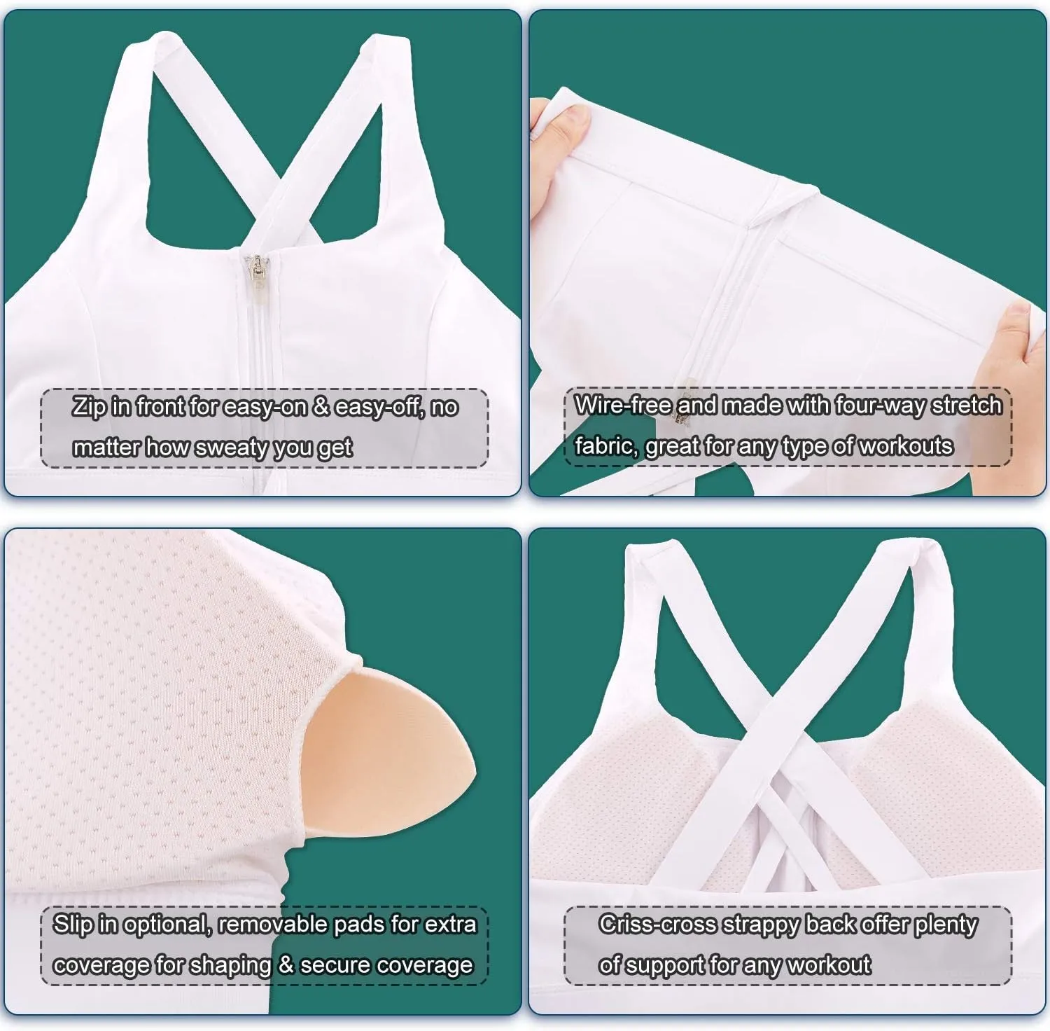 Cordaw Zipper in Front Sports Bra High Impact Strappy Back Support Workout Top