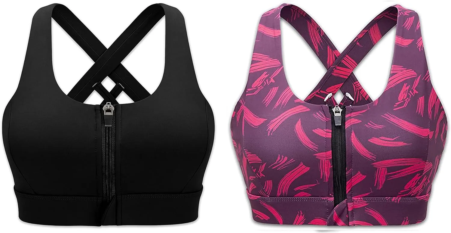 Cordaw Zipper in Front Sports Bra High Impact Strappy Back Support Workout Top