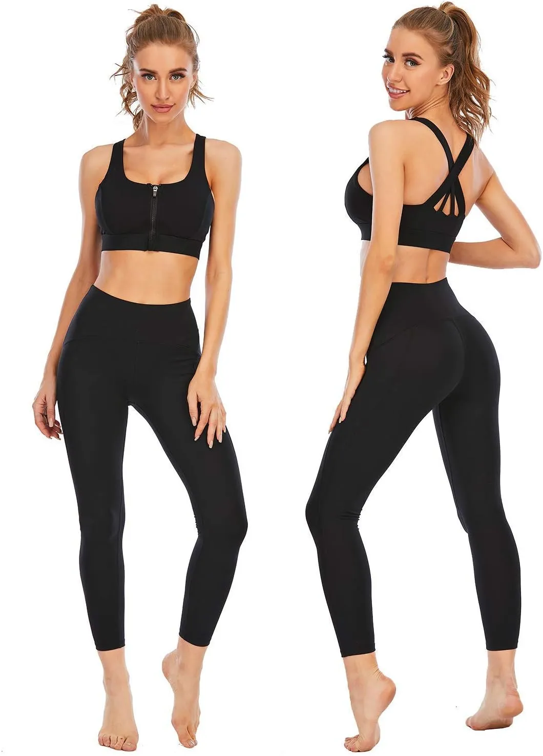 Cordaw Zipper in Front Sports Bra High Impact Strappy Back Support Workout Top