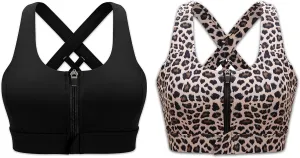 Cordaw Zipper in Front Sports Bra High Impact Strappy Back Support Workout Top