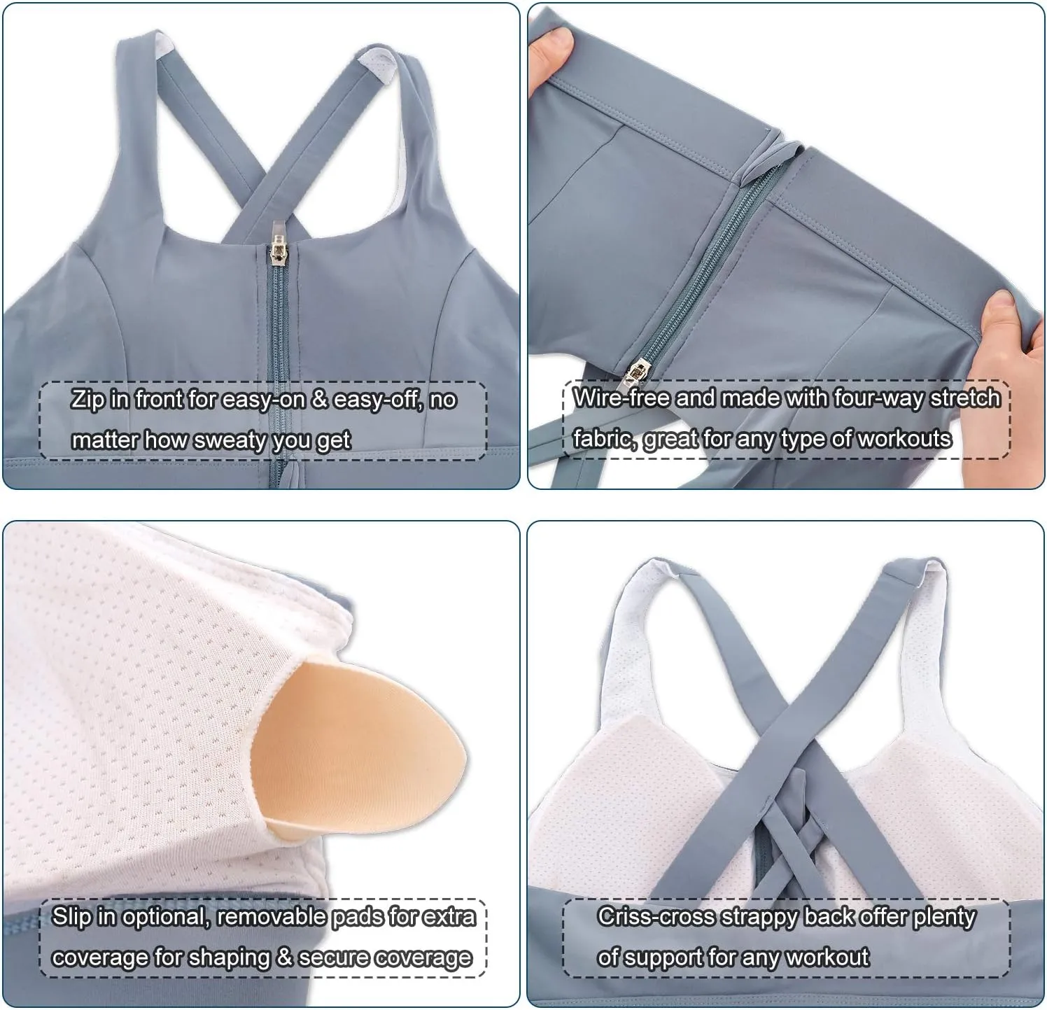 Cordaw Zipper in Front Sports Bra High Impact Strappy Back Support Workout Top