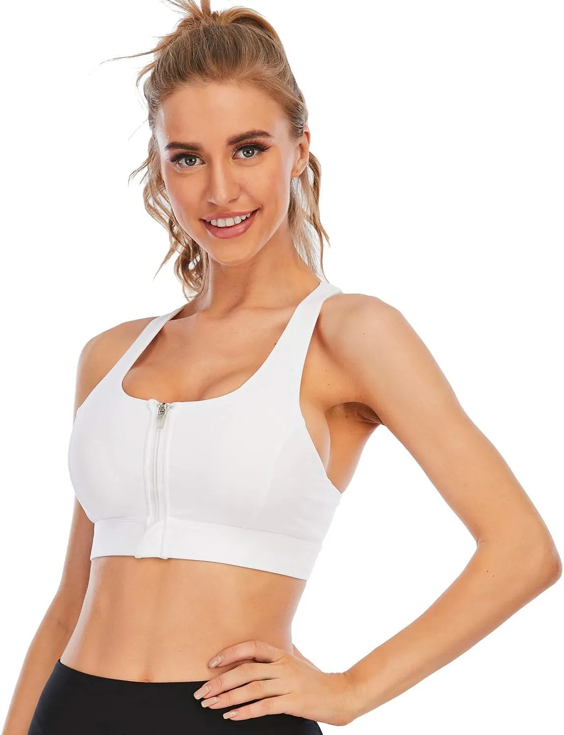 Cordaw Zipper in Front Sports Bra High Impact Strappy Back Support Workout Top