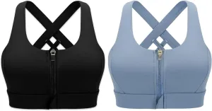 Cordaw Zipper in Front Sports Bra High Impact Strappy Back Support Workout Top