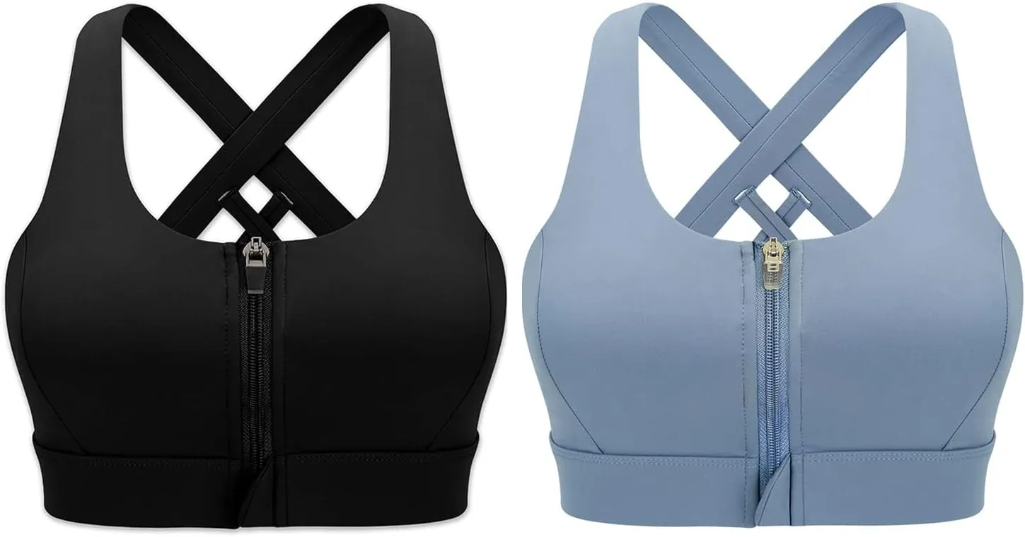 Cordaw Zipper in Front Sports Bra High Impact Strappy Back Support Workout Top