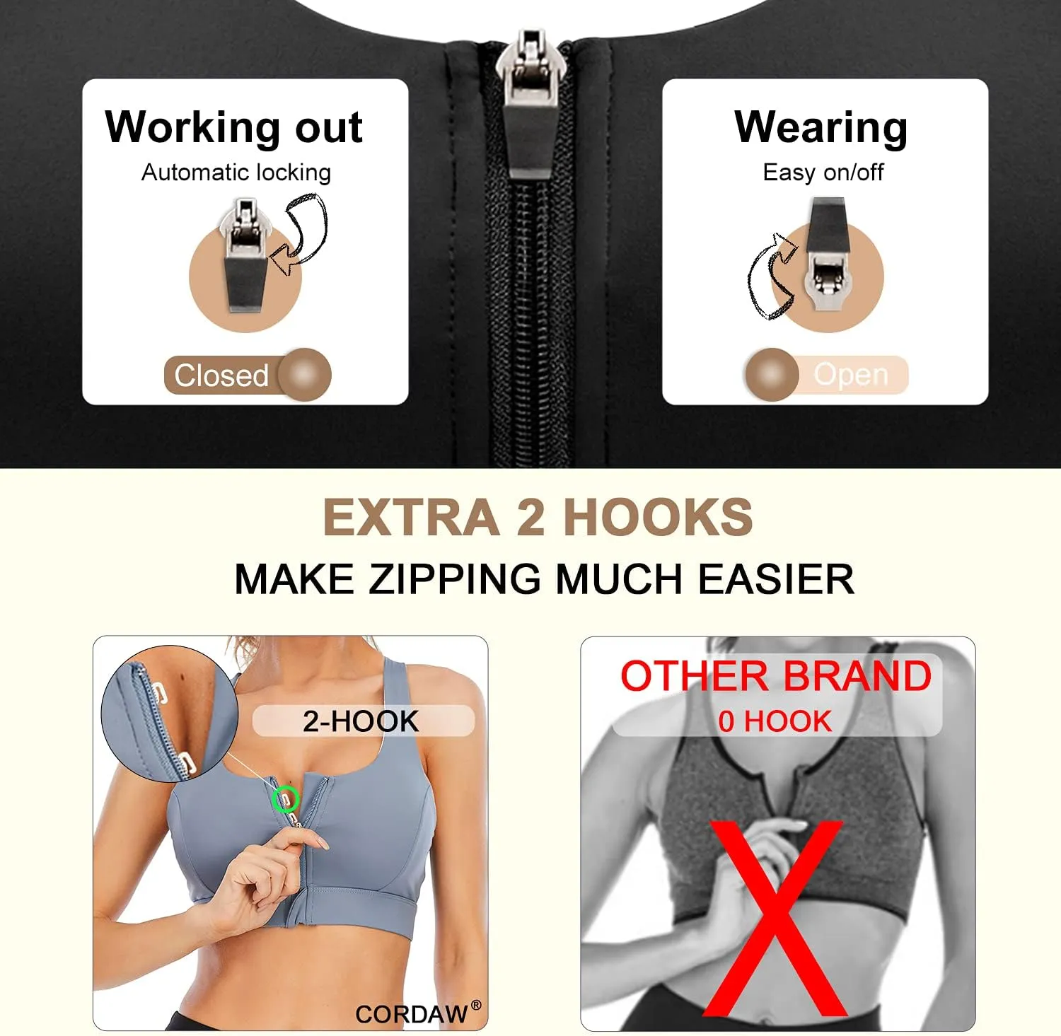 Cordaw Zipper in Front Sports Bra High Impact Strappy Back Support Workout Top