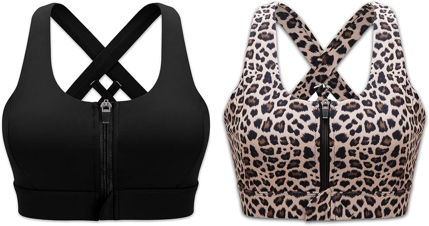 Cordaw Zipper in Front Sports Bra High Impact Strappy Back Support Workout Top