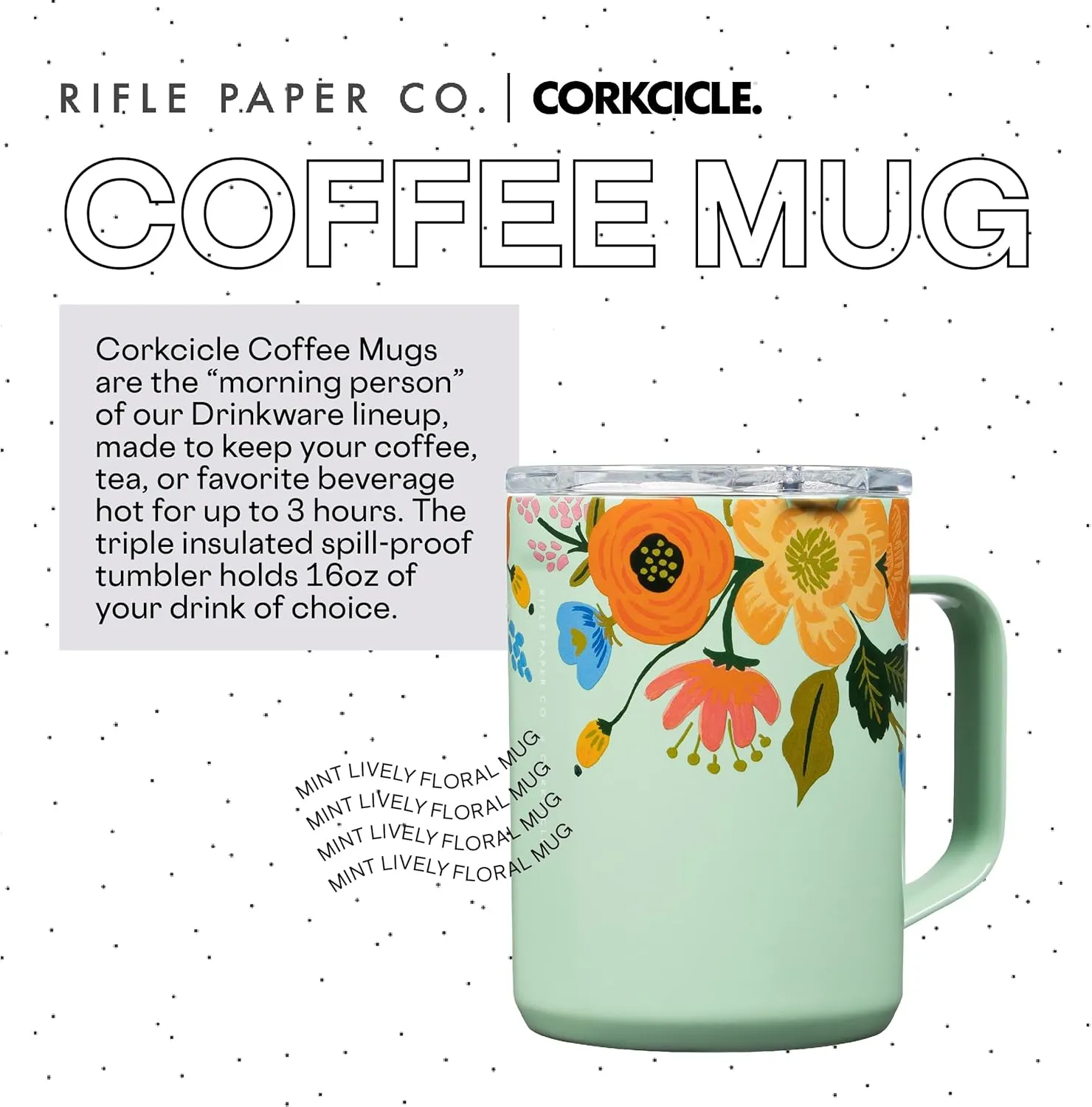 Corkcicle x Rifle Paper Co. Triple Insulated Coffee Mug with Lid and Handle, Mint Lively Floral, 16 oz –Stainless Steel Travel Mug Keeps Beverage Hot for 3  Hours –Non-Slip, Easy-Grip, Spill-Resistant