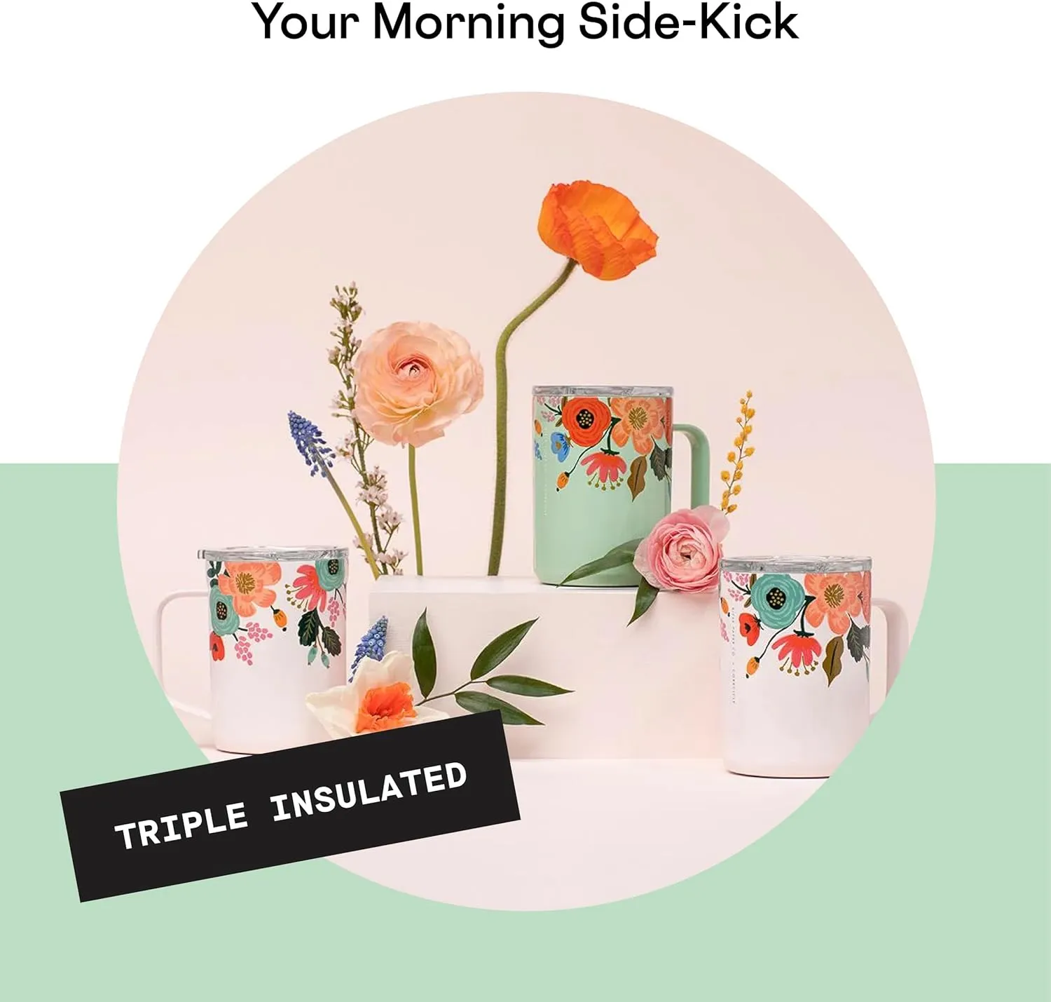 Corkcicle x Rifle Paper Co. Triple Insulated Coffee Mug with Lid and Handle, Mint Lively Floral, 16 oz –Stainless Steel Travel Mug Keeps Beverage Hot for 3  Hours –Non-Slip, Easy-Grip, Spill-Resistant