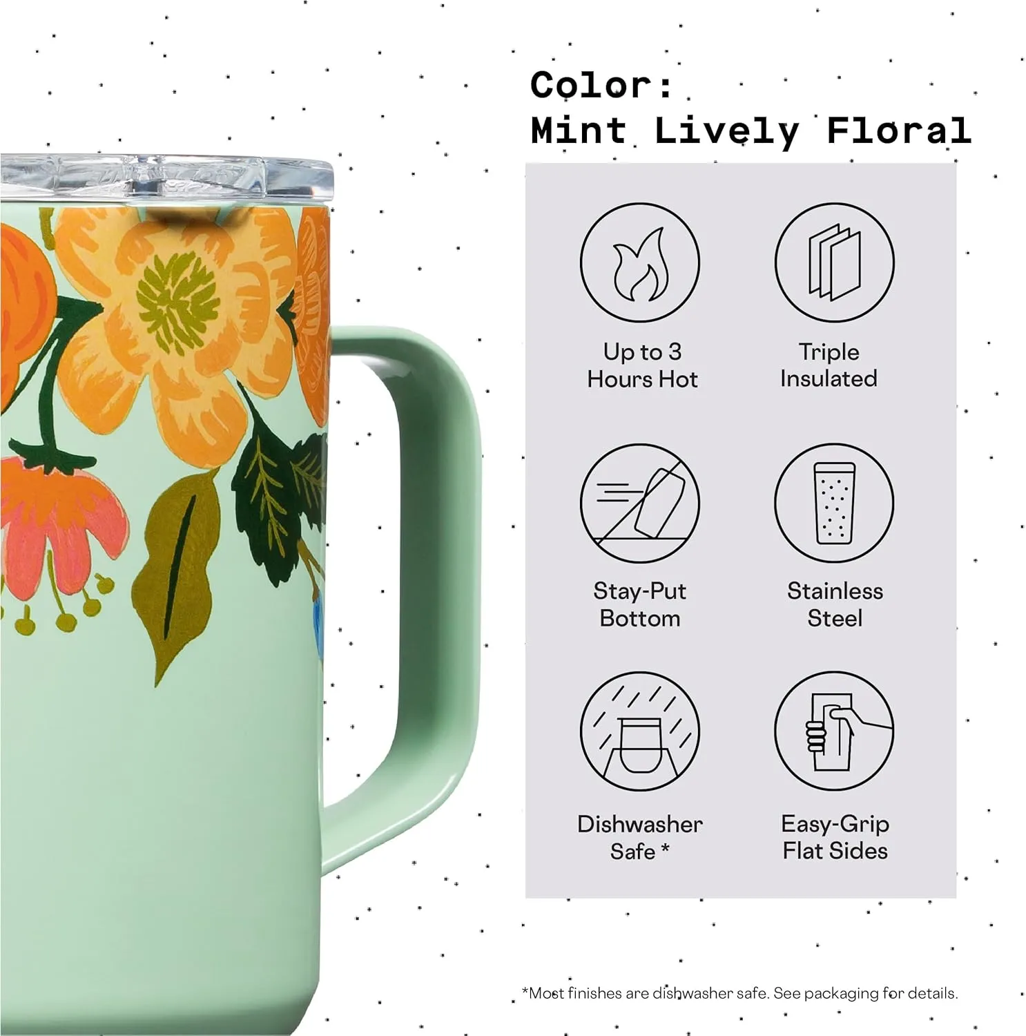 Corkcicle x Rifle Paper Co. Triple Insulated Coffee Mug with Lid and Handle, Mint Lively Floral, 16 oz –Stainless Steel Travel Mug Keeps Beverage Hot for 3  Hours –Non-Slip, Easy-Grip, Spill-Resistant