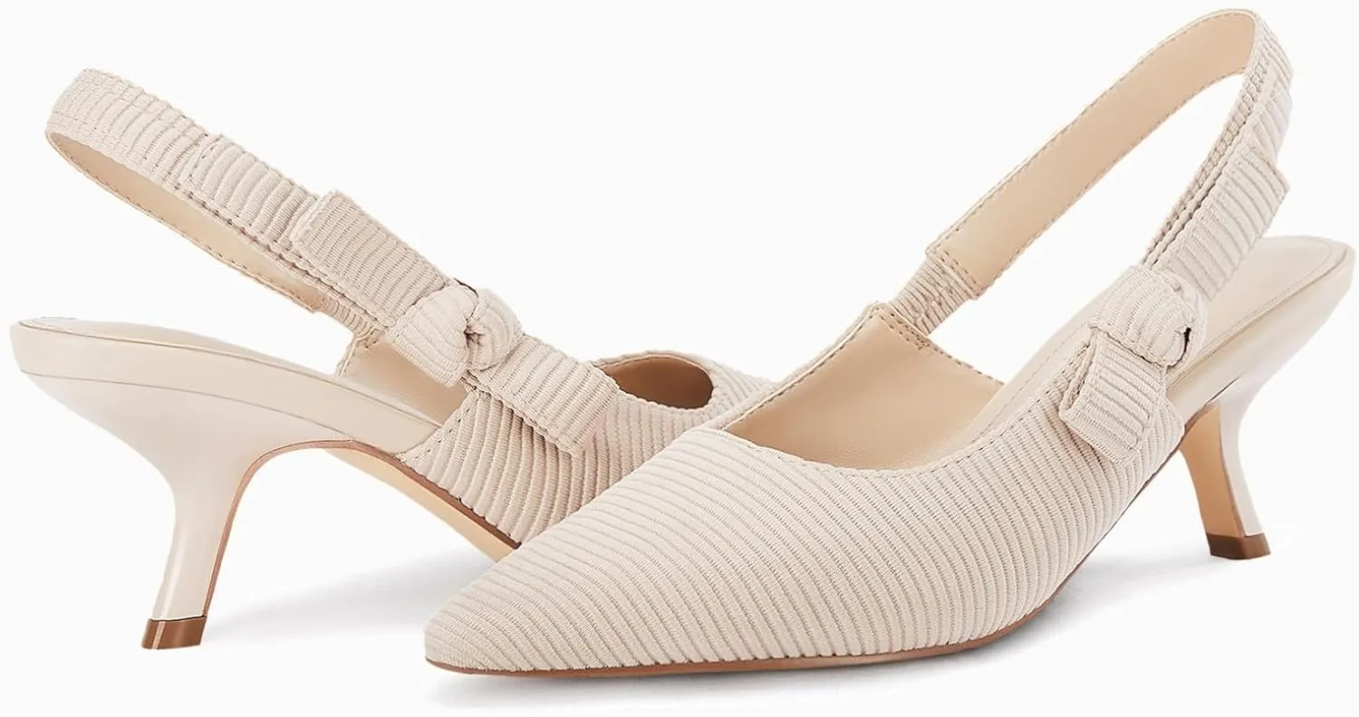 Coutgo Womens Slingback Kitten Heels Closed Pointed Toe Bowknot Knitted Slip On Work Pumps Dress Shoes