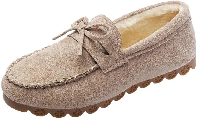 Cozy Chic Women's Bowknot Loafers - Warm Plush-Lined Winter Slip-On Flats