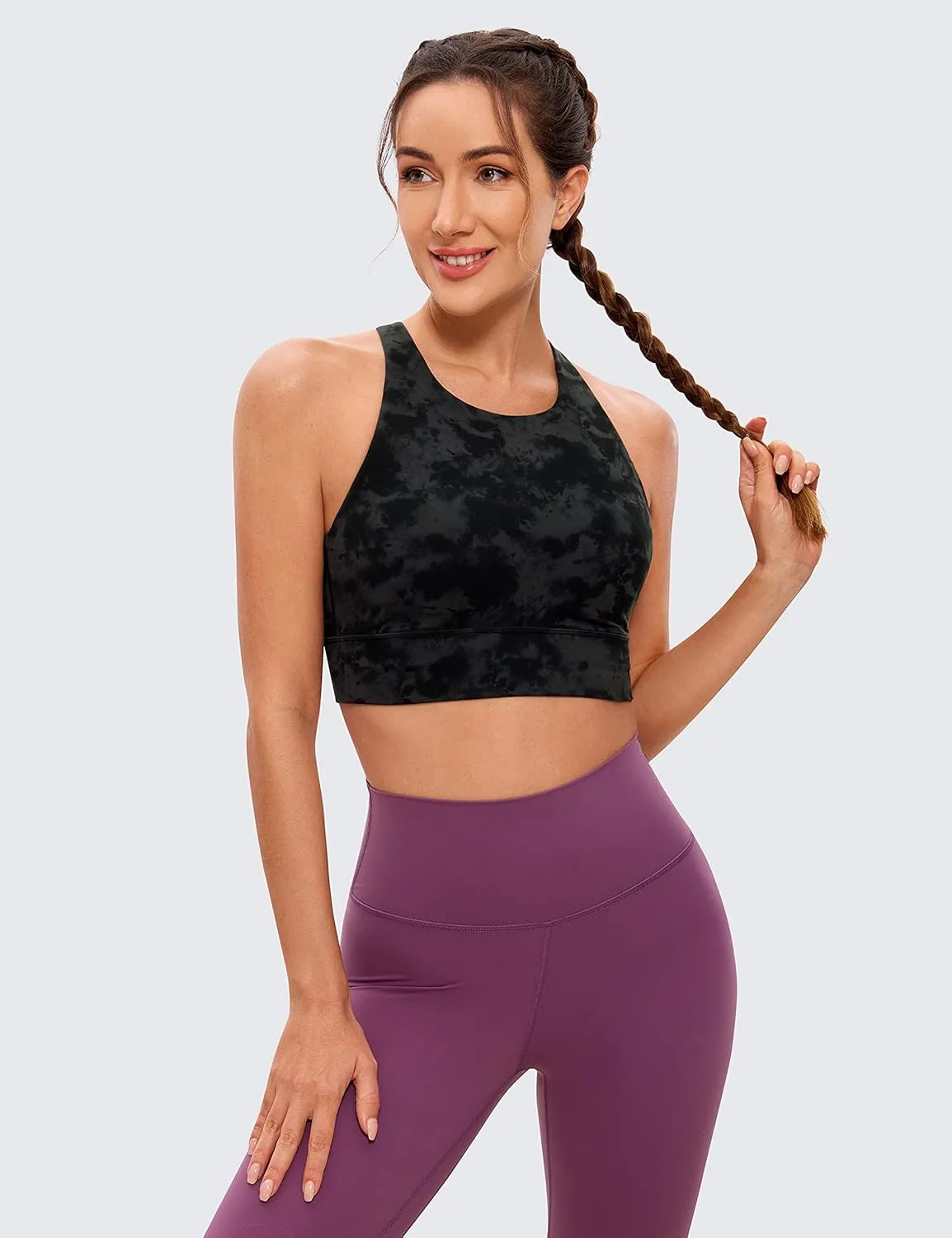 CRZ YOGA Womens Butterluxe Strappy High Neck Longline Sports Bra - Wireless Criss Cross Back Padded Workout Cropped Top