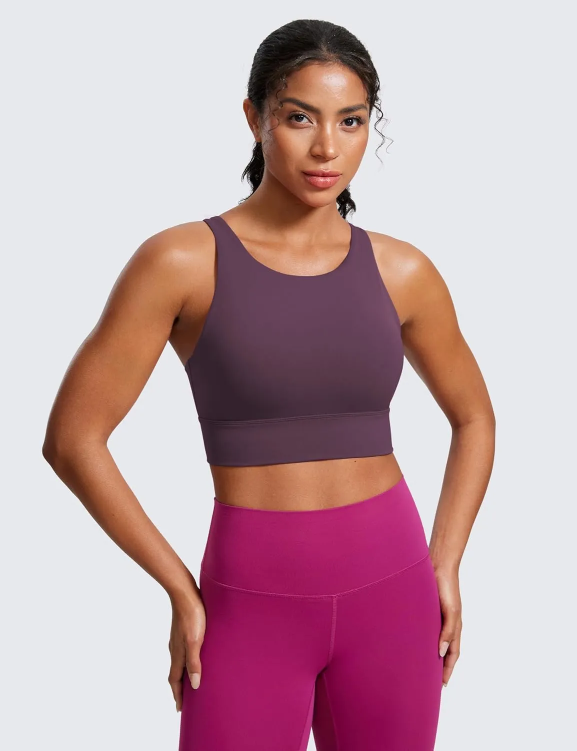 CRZ YOGA Womens Butterluxe Strappy High Neck Longline Sports Bra - Wireless Criss Cross Back Padded Workout Cropped Top