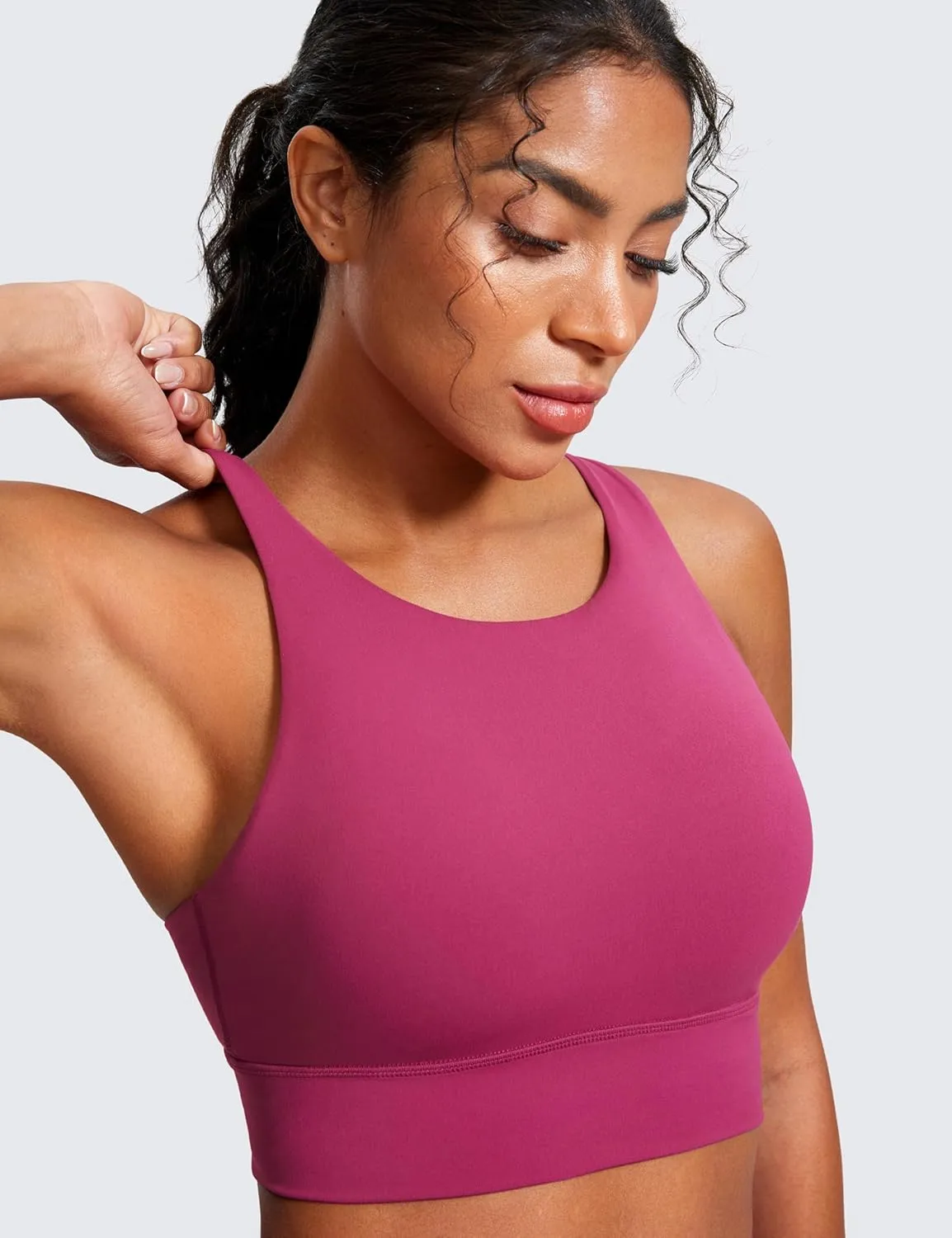 CRZ YOGA Womens Butterluxe Strappy High Neck Longline Sports Bra - Wireless Criss Cross Back Padded Workout Cropped Top