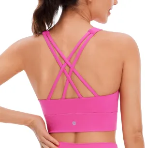 CRZ YOGA Womens Butterluxe Strappy High Neck Longline Sports Bra - Wireless Criss Cross Back Padded Workout Cropped Top