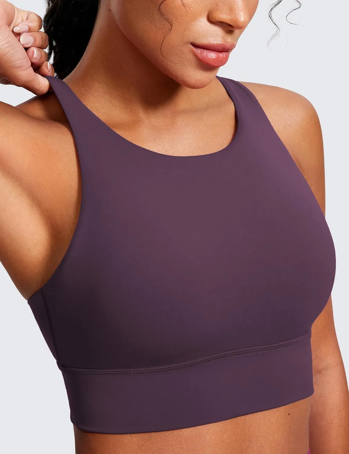 CRZ YOGA Womens Butterluxe Strappy High Neck Longline Sports Bra - Wireless Criss Cross Back Padded Workout Cropped Top