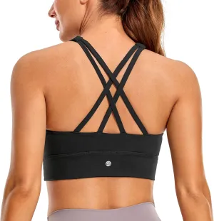 CRZ YOGA Womens Butterluxe Strappy High Neck Longline Sports Bra - Wireless Criss Cross Back Padded Workout Cropped Top
