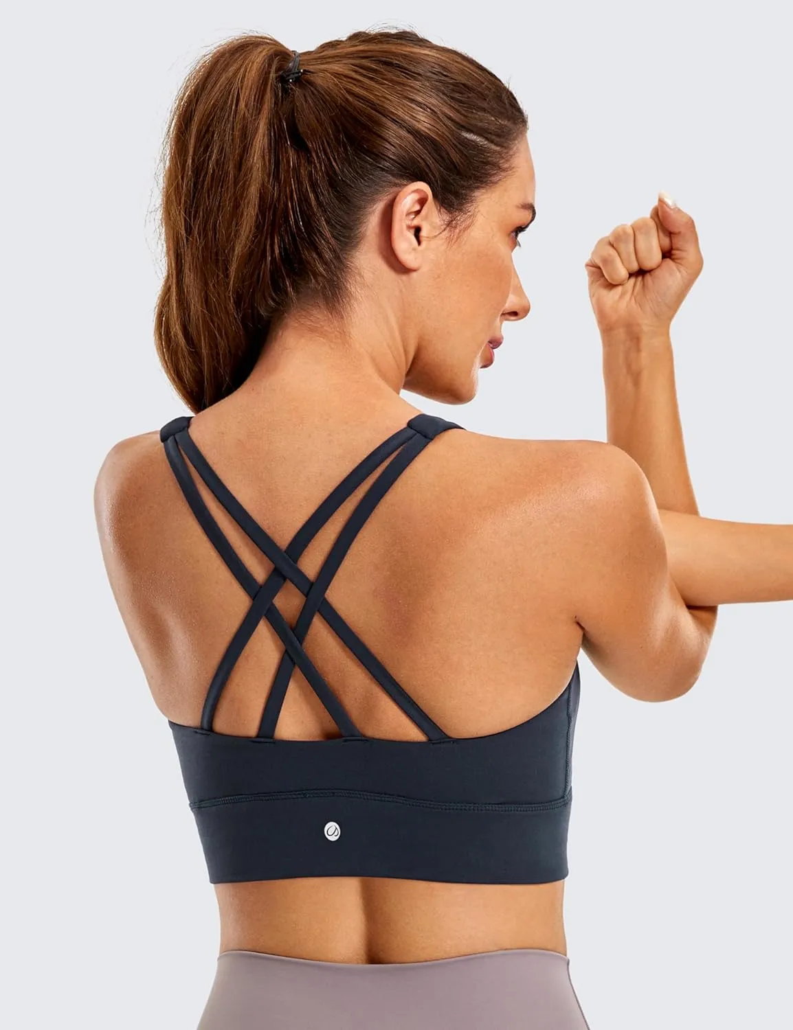 CRZ YOGA Womens Butterluxe Strappy High Neck Longline Sports Bra - Wireless Criss Cross Back Padded Workout Cropped Top