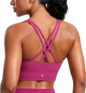 CRZ YOGA Womens Butterluxe Strappy High Neck Longline Sports Bra - Wireless Criss Cross Back Padded Workout Cropped Top