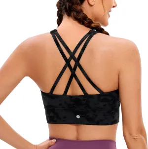 CRZ YOGA Womens Butterluxe Strappy High Neck Longline Sports Bra - Wireless Criss Cross Back Padded Workout Cropped Top