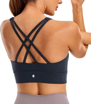 CRZ YOGA Womens Butterluxe Strappy High Neck Longline Sports Bra - Wireless Criss Cross Back Padded Workout Cropped Top