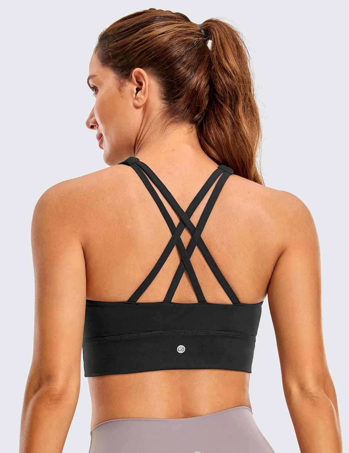 CRZ YOGA Womens Butterluxe Strappy High Neck Longline Sports Bra - Wireless Criss Cross Back Padded Workout Cropped Top
