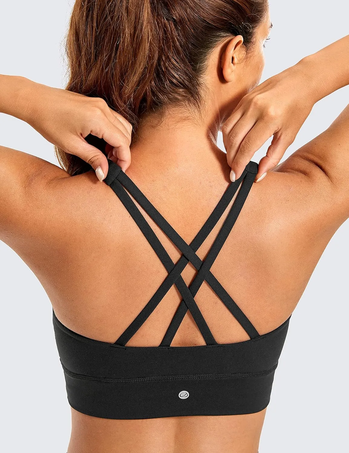 CRZ YOGA Womens Butterluxe Strappy High Neck Longline Sports Bra - Wireless Criss Cross Back Padded Workout Cropped Top
