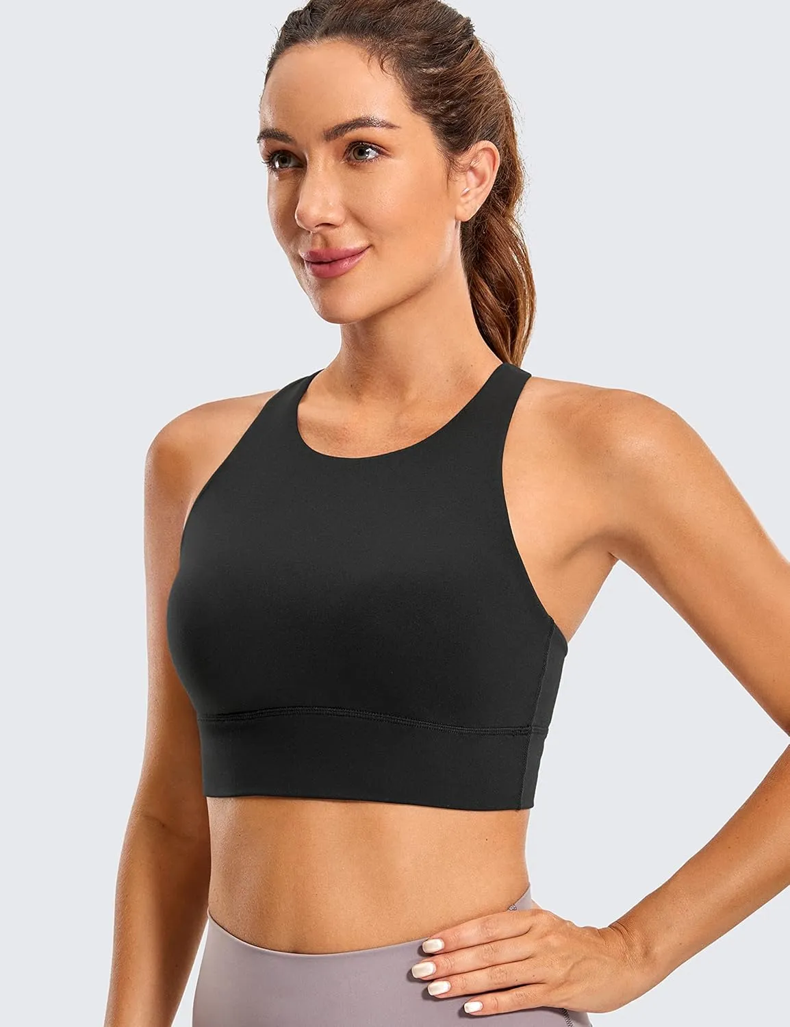CRZ YOGA Womens Butterluxe Strappy High Neck Longline Sports Bra - Wireless Criss Cross Back Padded Workout Cropped Top