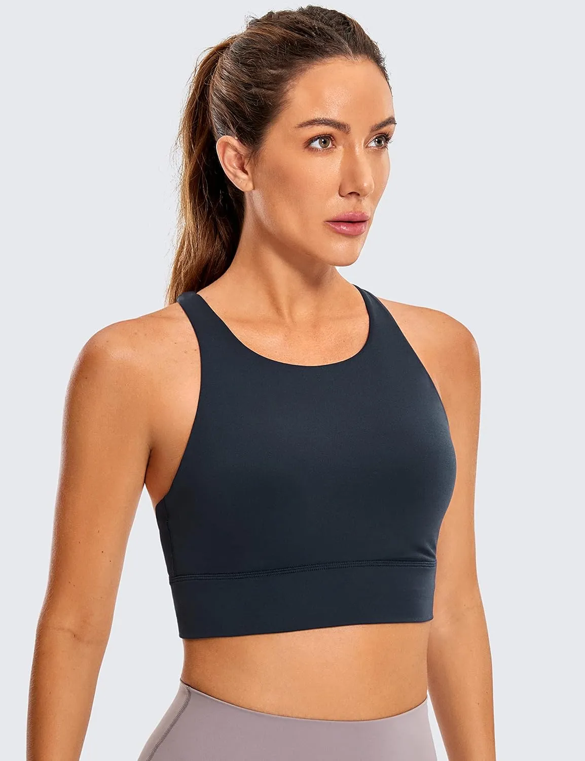 CRZ YOGA Womens Butterluxe Strappy High Neck Longline Sports Bra - Wireless Criss Cross Back Padded Workout Cropped Top
