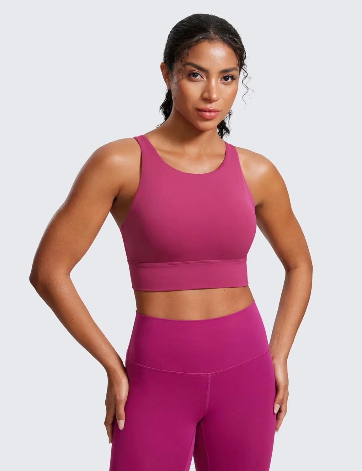 CRZ YOGA Womens Butterluxe Strappy High Neck Longline Sports Bra - Wireless Criss Cross Back Padded Workout Cropped Top
