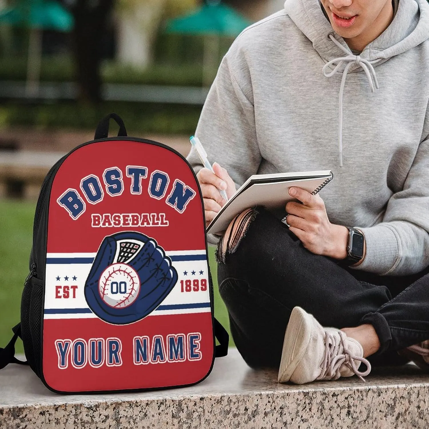 Custom Boston Backpack Gift for Men Women Boy, Personalized Name Number Shoulder Bag for School Travel Daypack