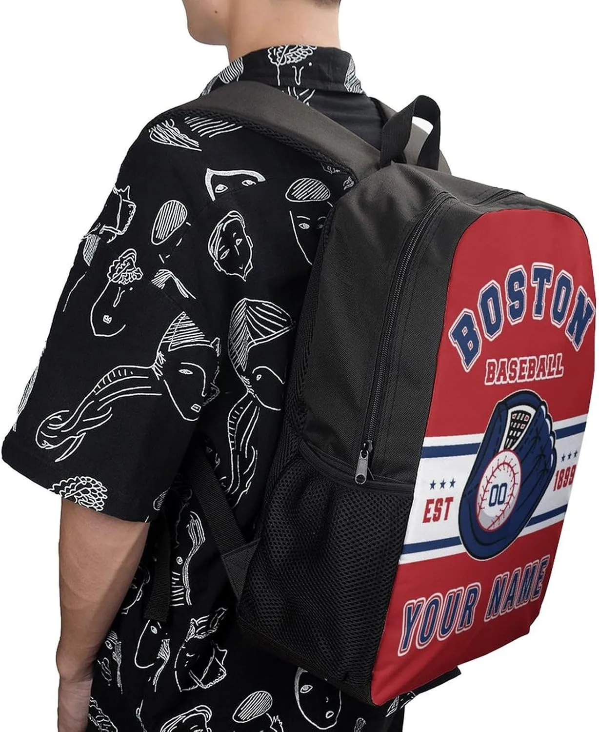 Custom Boston Backpack Gift for Men Women Boy, Personalized Name Number Shoulder Bag for School Travel Daypack