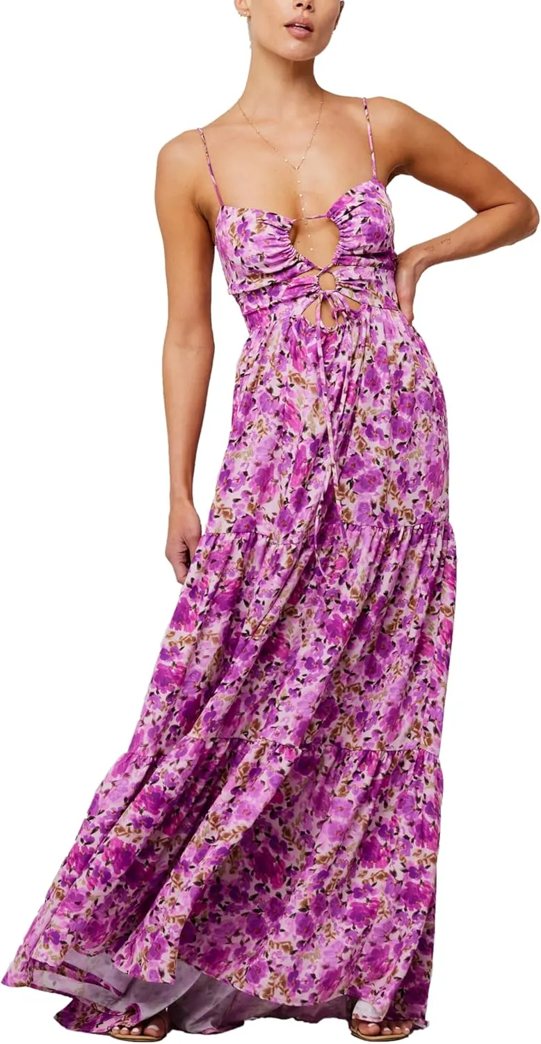 Cute Floral Long Sundresses for Women Boho Smocked Spaghetti Strap Dress Y2k Flowy Beach Ruffle Backless Maxi Dress