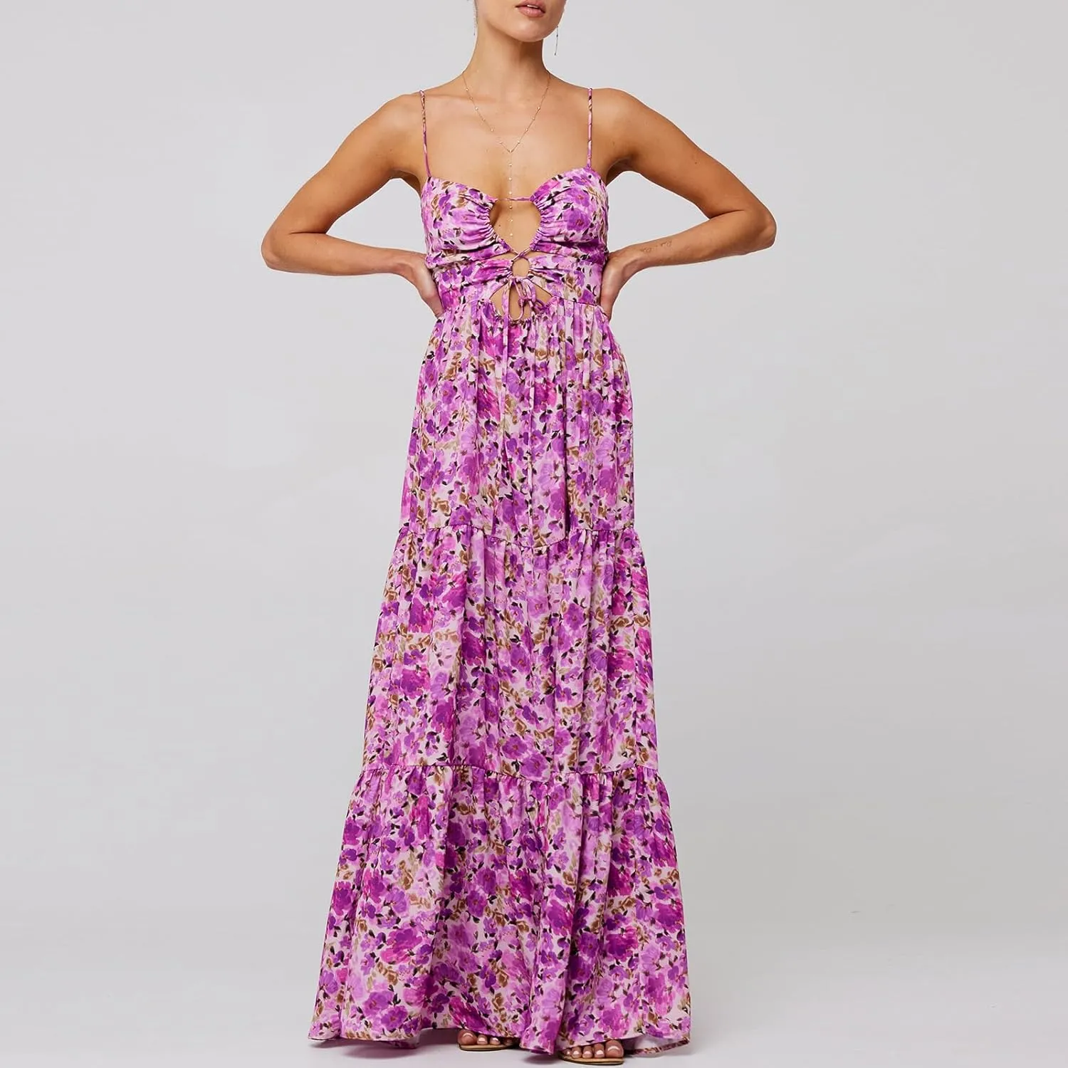 Cute Floral Long Sundresses for Women Boho Smocked Spaghetti Strap Dress Y2k Flowy Beach Ruffle Backless Maxi Dress