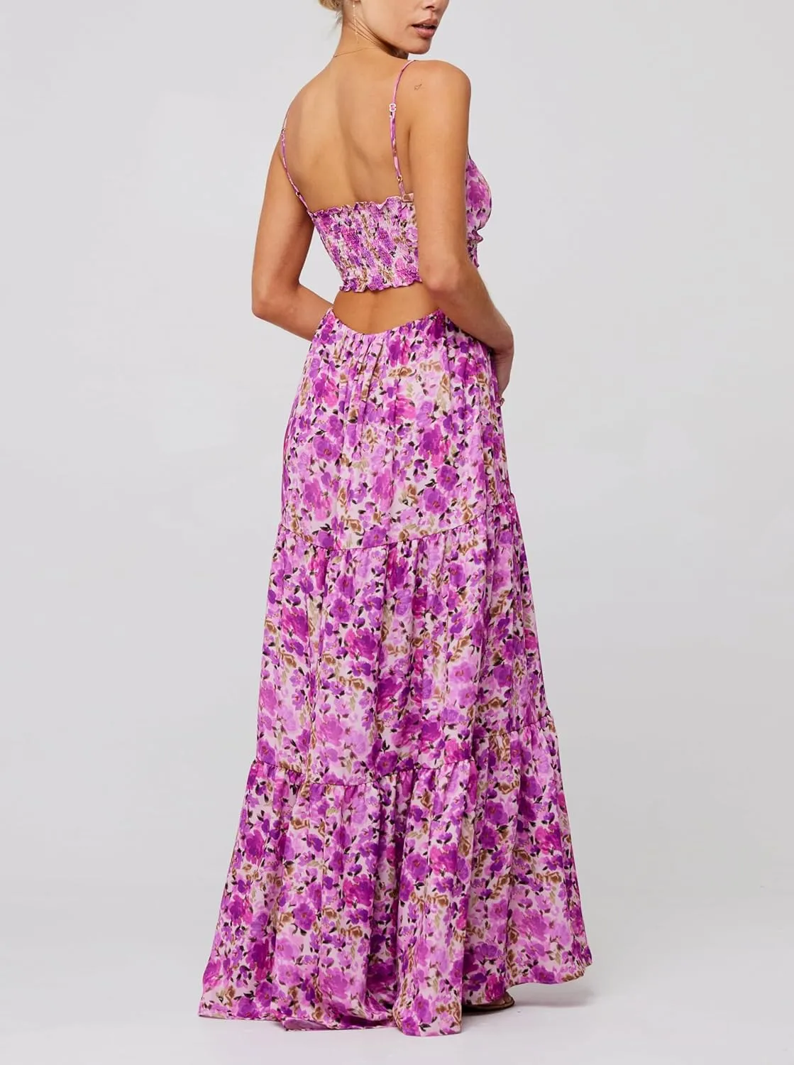 Cute Floral Long Sundresses for Women Boho Smocked Spaghetti Strap Dress Y2k Flowy Beach Ruffle Backless Maxi Dress