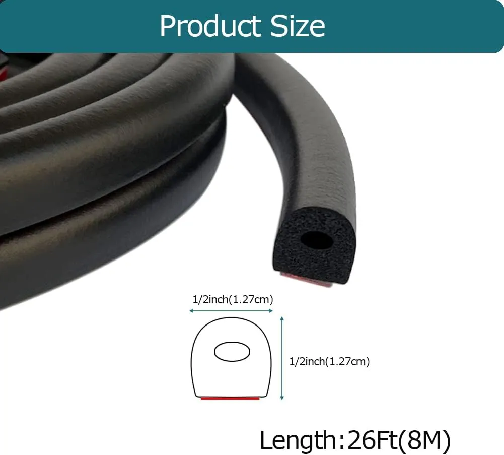 D Shape EPDM Foam Rubber Seal with Tape, Self-Adhesive Rubber Weather Stripping for Boat, Auto, RV, Marine, Garage Doors/Window and More, W:0.5"; H:0.5"; L:26Feet