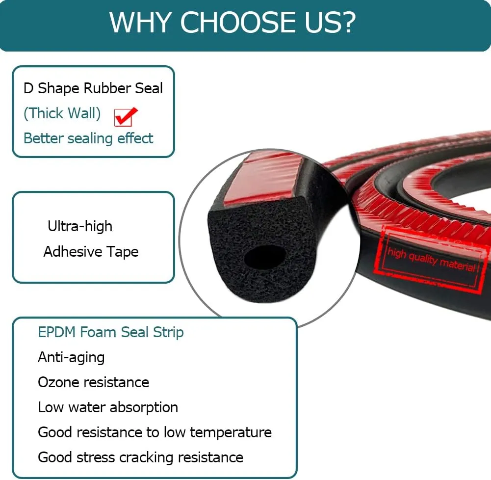 D Shape EPDM Foam Rubber Seal with Tape, Self-Adhesive Rubber Weather Stripping for Boat, Auto, RV, Marine, Garage Doors/Window and More, W:0.5"; H:0.5"; L:26Feet
