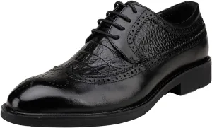 Dress Oxford Shoes for Men Lace Up Crocodile Brogue Embossed Wingtips Round Toe Leather Block Heel Non Slip Low Top Slip Resistant Wedding Suitable for Many Occasions (Color : Black, Size : 7)