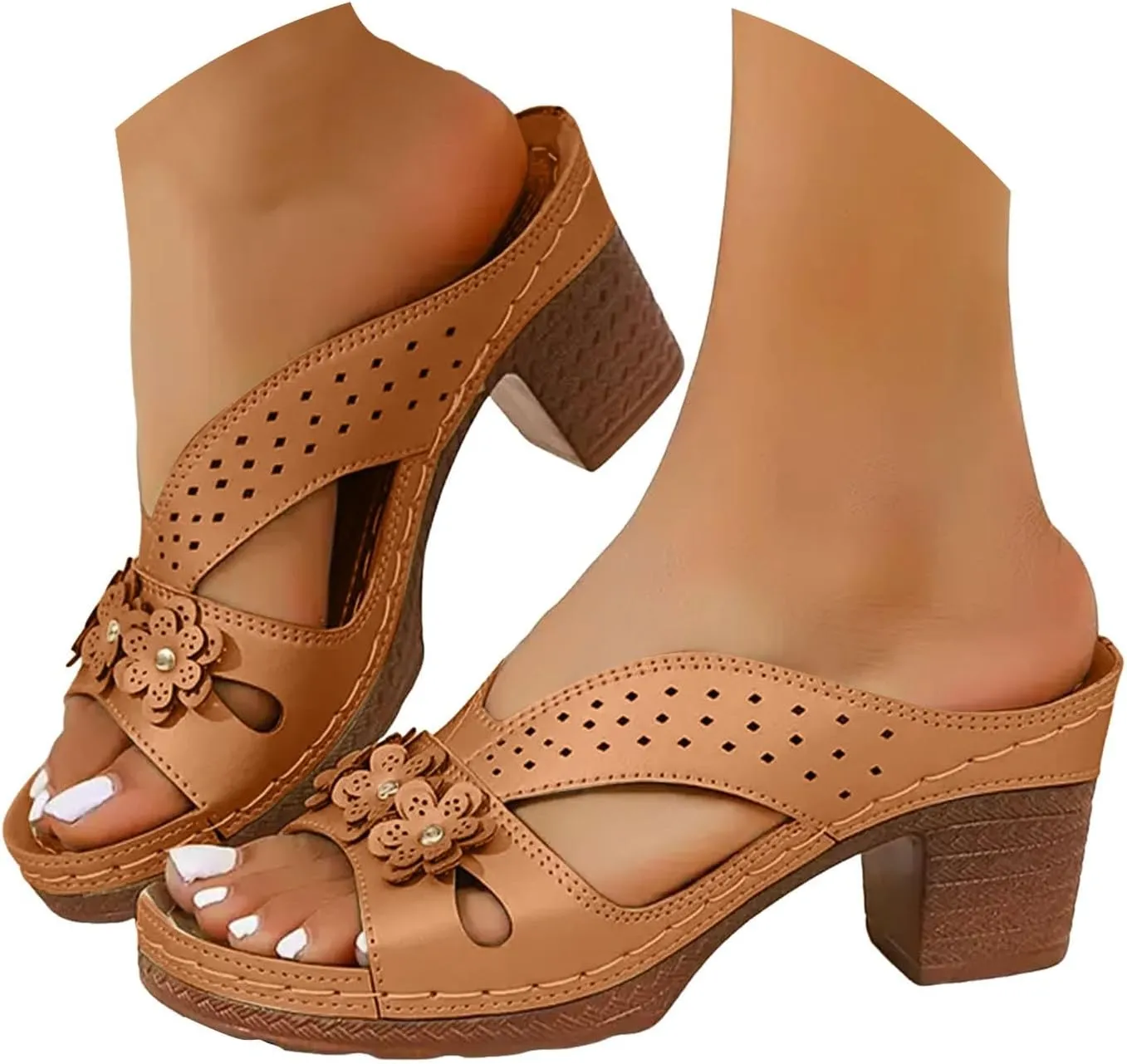 Eduavar Sandals for Women 2025 Slip On Comfortable Chunky High Heels Open Toe Block Square Heeled Sandals Dressy Shoes