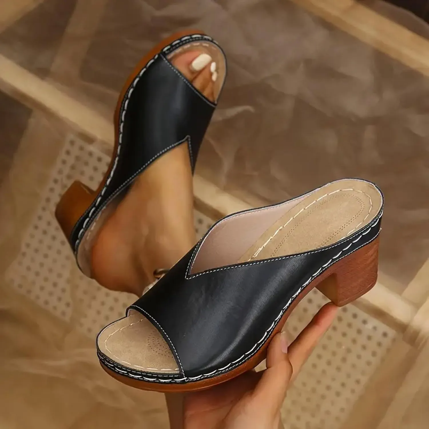 Eduavar Sandals for Women 2025 Summer Block Open Toe Low Heel Chunky Sandals Classic Casual Slip on Dressy Comfortable Shoes