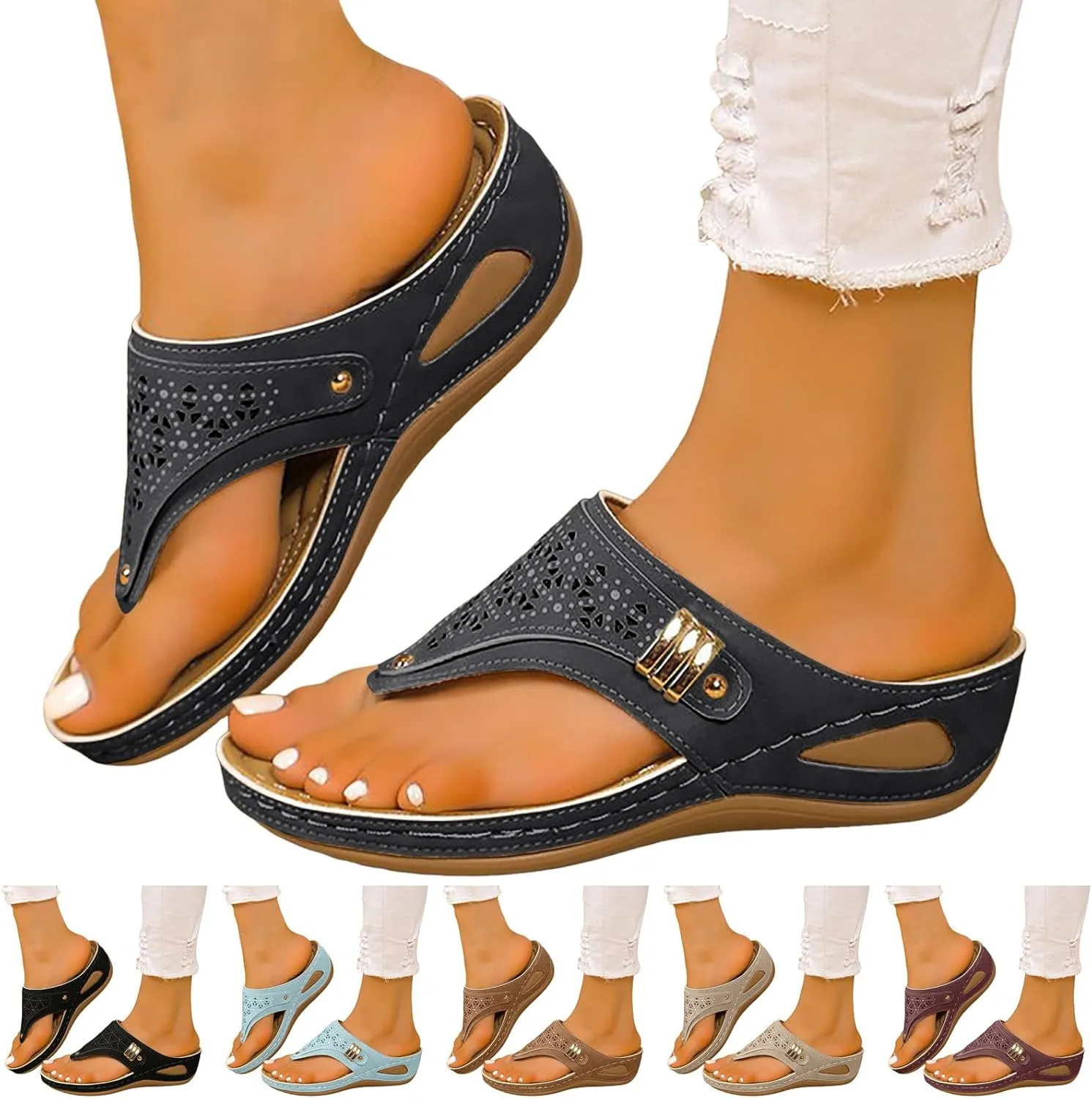 Eduavar Sandals for Women Orthopedic Wedge Flip Flops with Arch Support Lightweight Summer Beach Slip On Walking Slippers