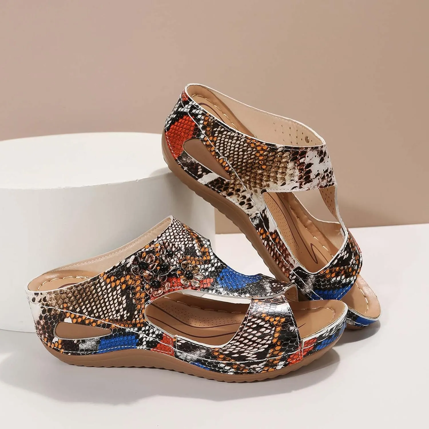 Eduavar Wedge Sandals for Women Dressy, Sandals Women Retro Floral Wedge Sandals Casual Open Toe Sandals with Arch Support