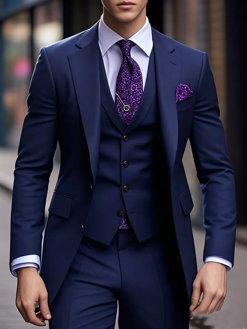 Elegant 3 Piece Slim Fit Suits for Men Wedding Party Suits Single Breasted Two Button Blazer Vest Pant Suit