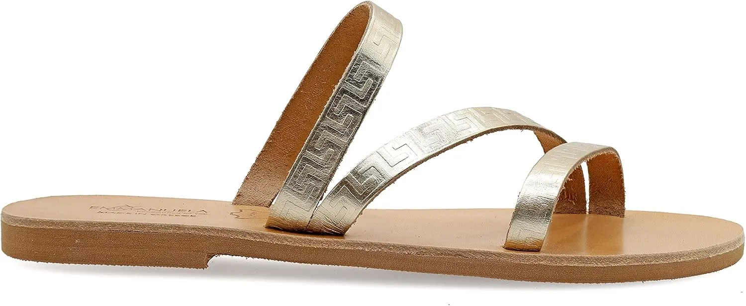 Emmanuela Ancient Greek Handmade Leather Flat Sandals with Meanders, Quality Slide on Strappy Summer Shoes for Women, Open Toe Sliders, Boho Chic Mules