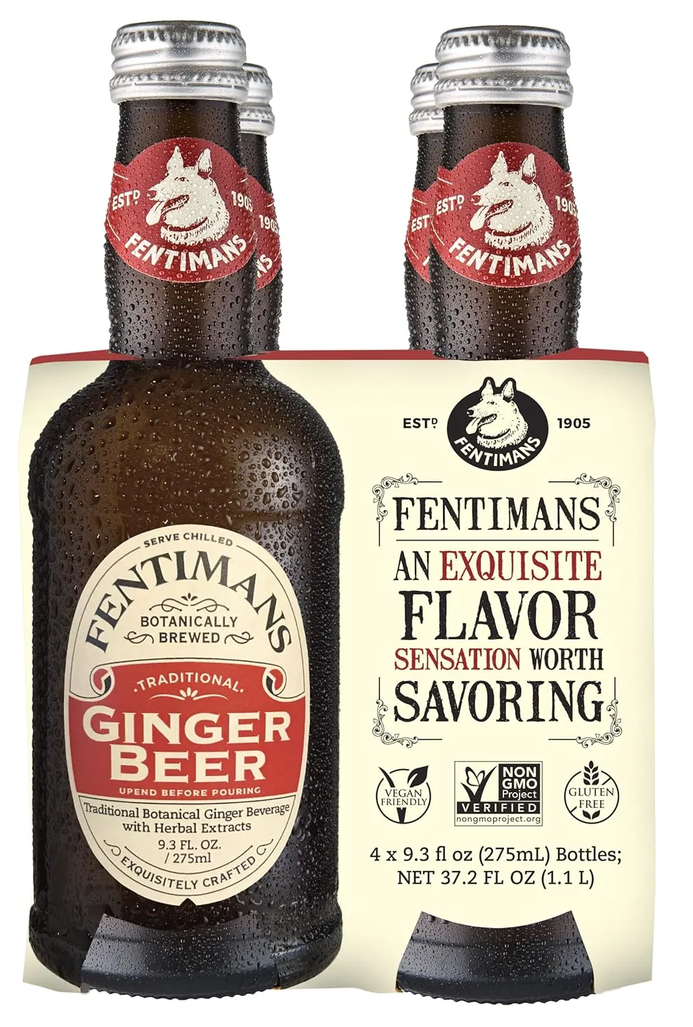 Fentimans Sparkling Ginger Beer - Ginger Beer Non Alcoholic, Ginger Ale Made with Natural Ginger Root, No Artificial Flavors or Preservatives, Botanically Brewed - 9.3 Fl Oz (Pack of 4)