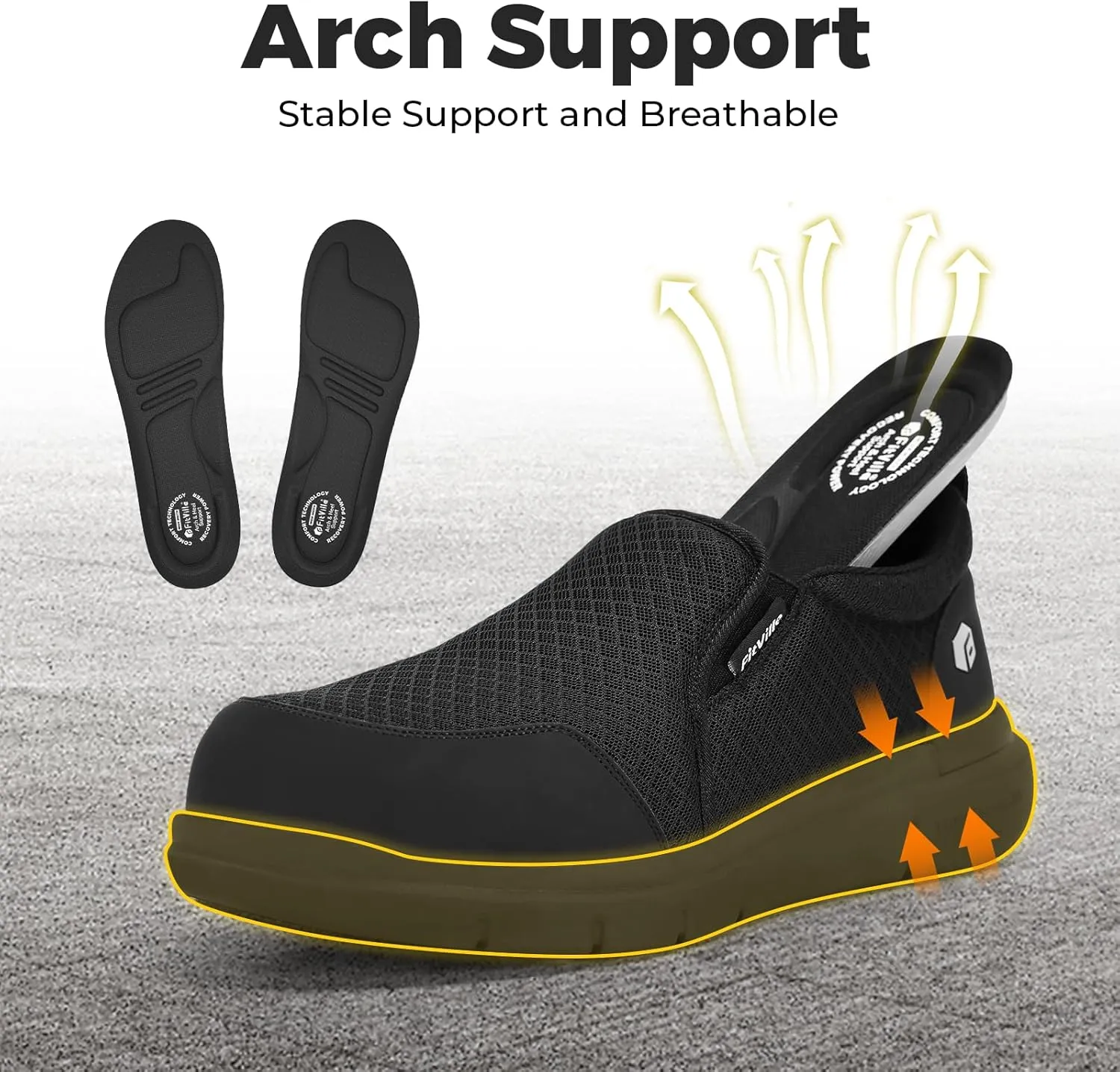 FitVille Slip on Steel Toe Shoes for Men Extra Wide Mens Composite Toe Work Shoes Puncture Proof