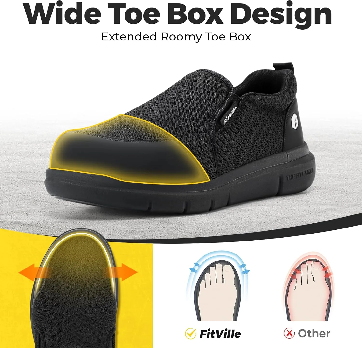 FitVille Slip on Steel Toe Shoes for Men Extra Wide Mens Composite Toe Work Shoes Puncture Proof