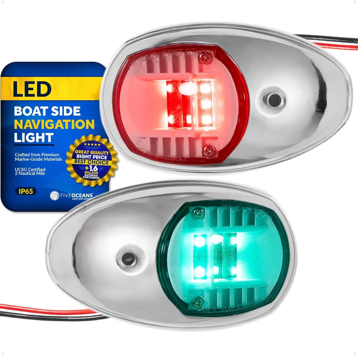 Five Oceans LED Boat Navigation Lights - Bow Light, Horizontal Mount Sidelight, Red & Green, 12V, USCG 2NM Certified - FO2890